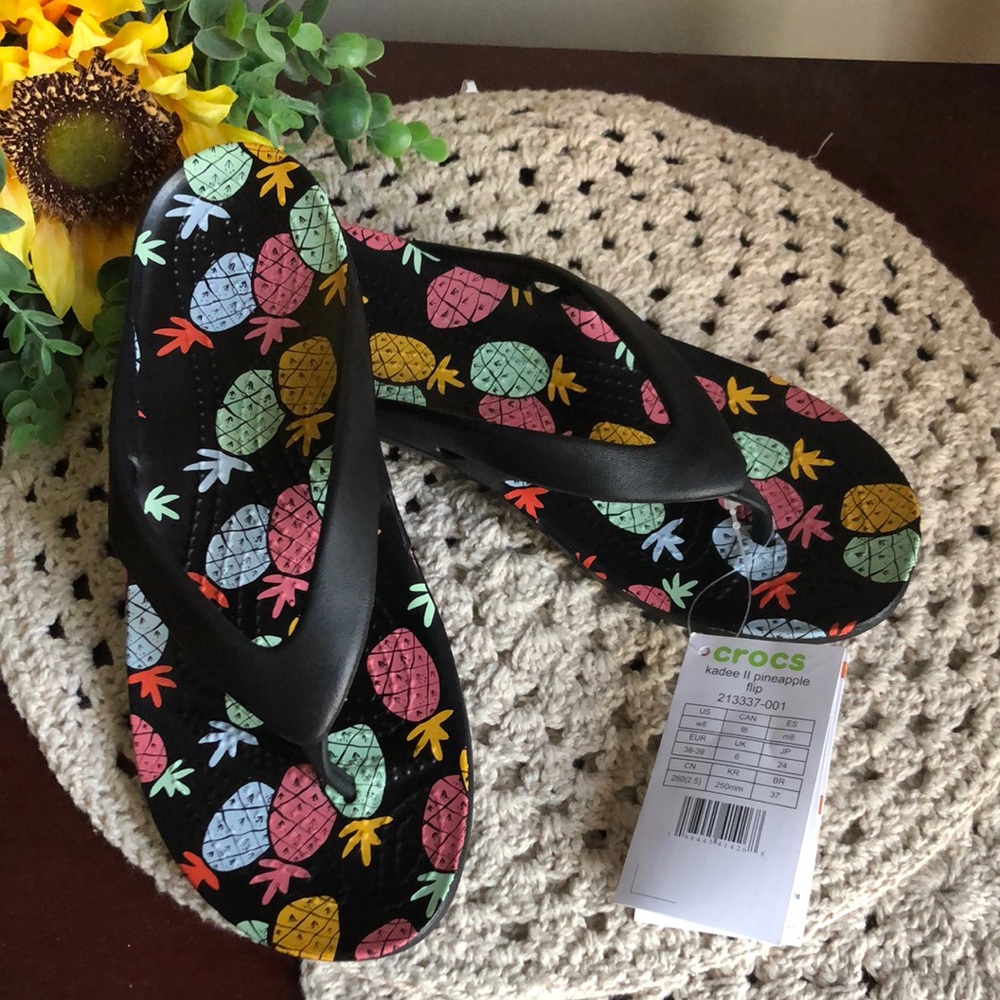 CROCS Kadee II Black Flip Flops with Multicolor Pineapple Print